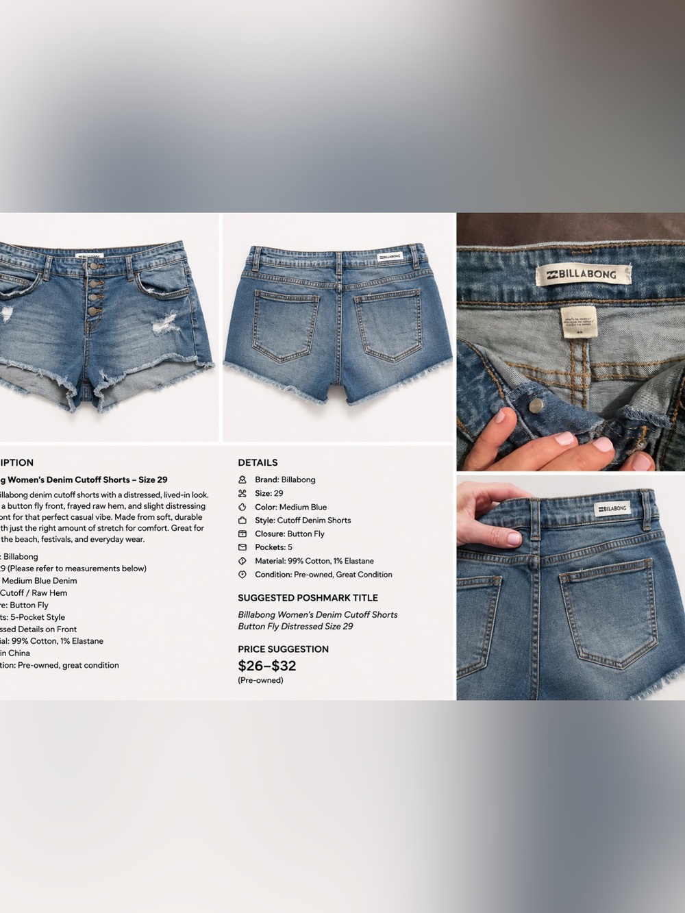Billabong Medium Blue Distressed Denim Cutoff Shorts
